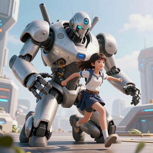 CGI image of a cute anime-style schoolgirl in a white blouse and blue skirt running alongside a large, silver, glowing-blue-eyed robot in a