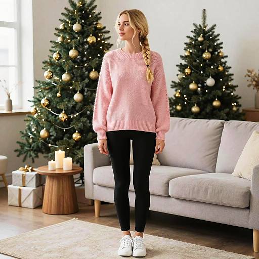 Photograph of a blonde woman in a pink sweater, black pants, and white sneakers, standing in a cozy living room with two decorated Christmas trees and