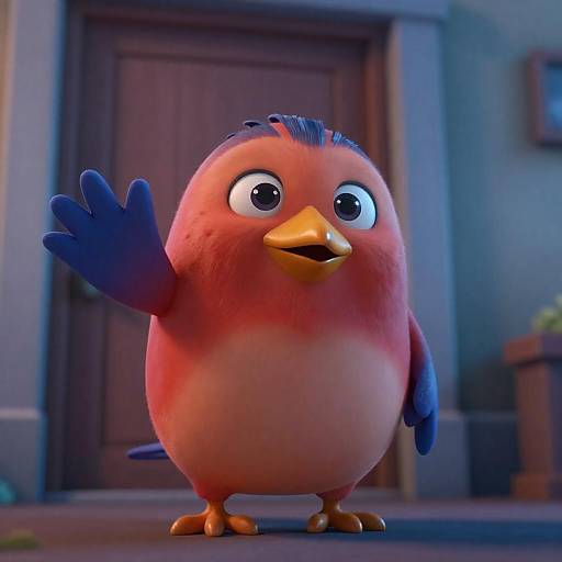 Friendly Cartoon Bird at Glowing Door