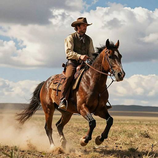 Photograph of a rugged cowboy in a beige shirt and brown hat, riding a brown horse with a black mane, against a bright blue sky with fluffy