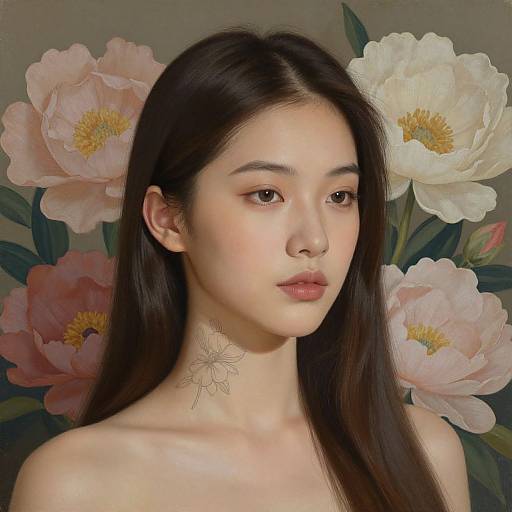 Digital portrait of an East Asian woman with long black hair, fair skin, and a delicate floral tattoo on her neck, surrounded by large, pink and