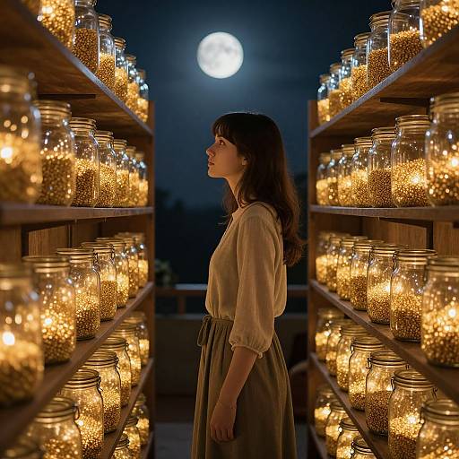 Photograph of a woman in a beige blouse and brown skirt, standing between two wooden shelves filled with glowing jar candles, under a full moon at night