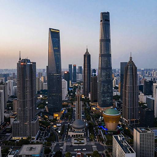 Photograph of a modern city skyline at dusk, featuring tall skyscrapers with reflective glass facades, a domed building, and illuminated streets.