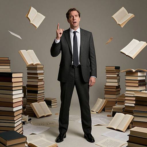Photograph of a serious, middle-aged man in a black suit pointing up, surrounded by floating and stacked books, in a gray studio.