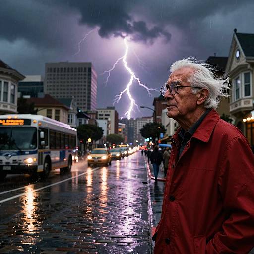 Photograph of elderly man with white hair in red coat, wearing glasses, standing on wet city street during thunderstorm with lightning bolt. Urban background includes