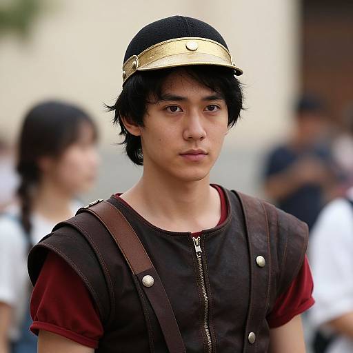 Photograph of an Asian young man with black hair, wearing a gold headband, brown vest over red shirt, and brown strap, standing outdoors with