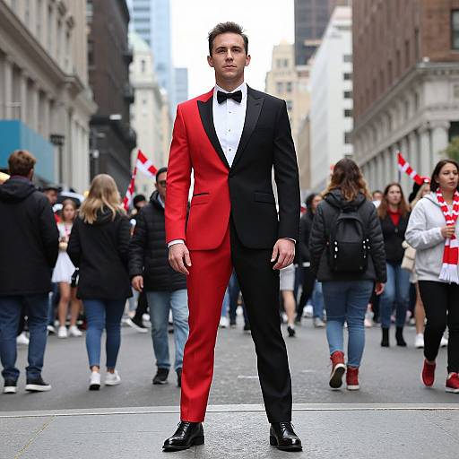 Photograph of a man in a striking black and red tuxedo with a white shirt and black bow tie, standing confidently in the middle of a