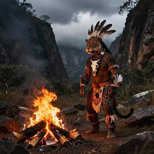 Photograph of a leopard-human hybrid warrior with feathered headdress, tribal armor, and skull necklace, standing by a campfire in a rocky,