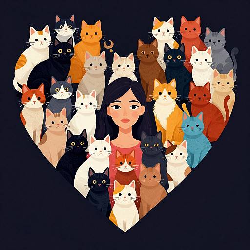 Digital illustration of a woman with black hair, surrounded by a heart-shaped group of colorful cats, featuring various colors and sizes.