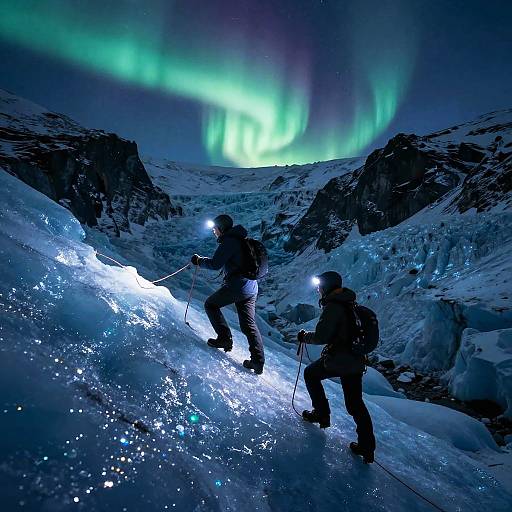 Climbing the Aurora-Lit Glacial Ridge