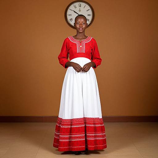 Photograph of a Black woman in a red and white embroidered dress, standing against a brown wall with a clock above her head.