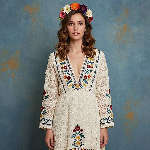 Photograph of a woman with wavy brown hair, wearing a white, long-sleeved, embroidered dress, and a colorful floral headband,