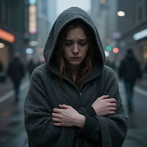 Photograph of a sad, young woman with wet brown hair, wearing a gray hooded sweater, arms crossed, standing in a rainy urban street at