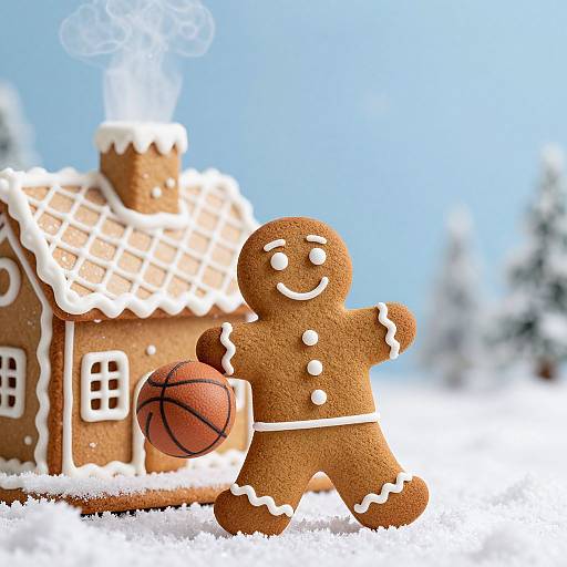 Photograph of a smiling gingerbread cookie holding a basketball, standing in front of a snow-covered gingerbread house with a steaming chimney.