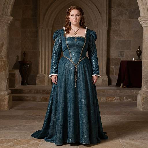 Photograph of a fair-skinned woman with wavy brown hair, wearing a medieval-style, dark blue, long-sleeved gown with intricate gold