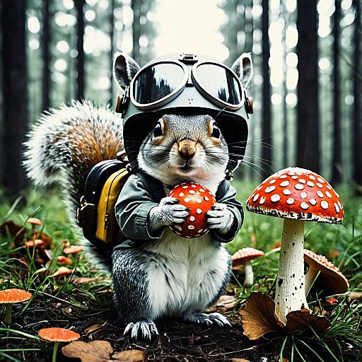 Squirrel with Aviator Helmet Holding Amanita Muscaria Mushroom