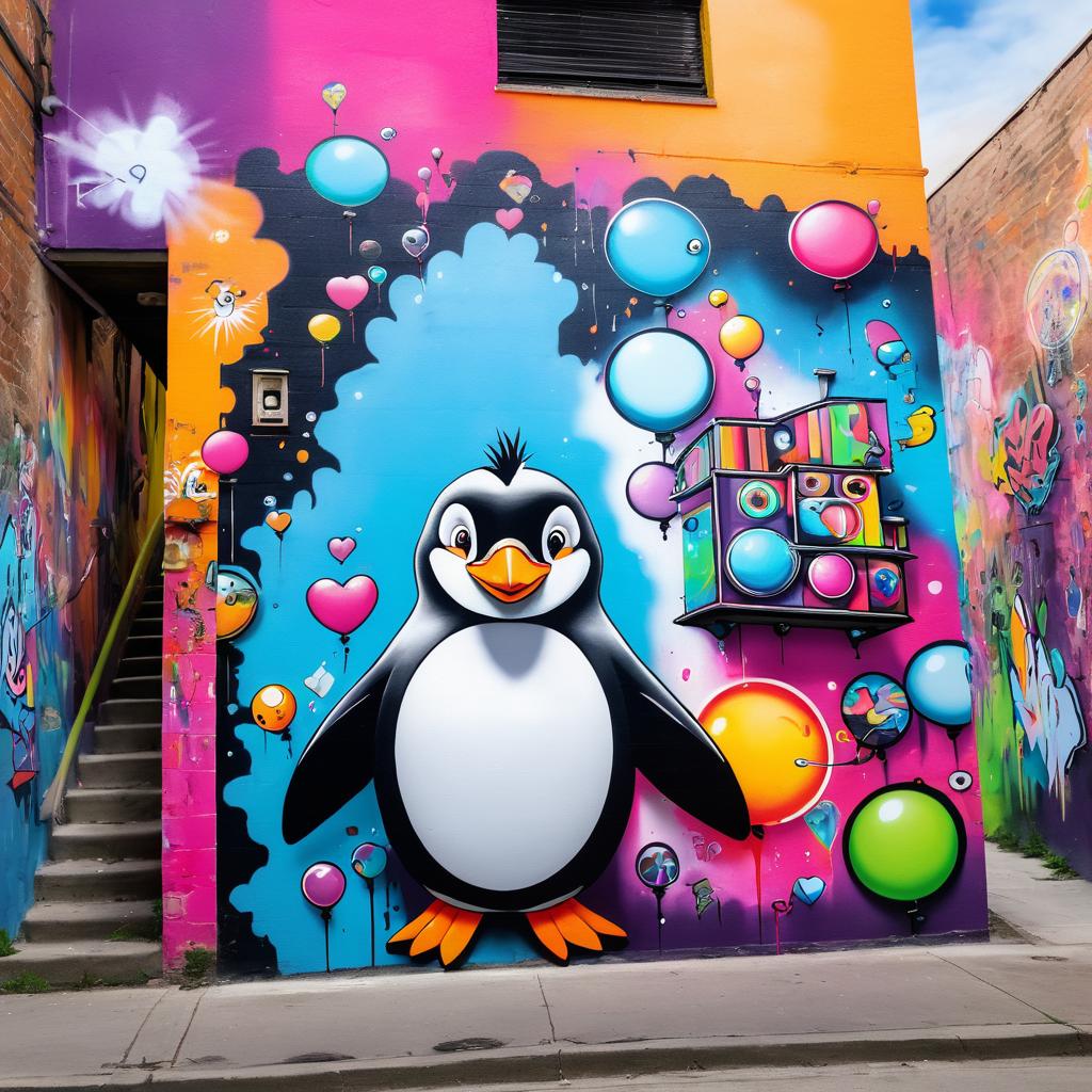 Whimsical Penguin Mural Artist in Alleyway