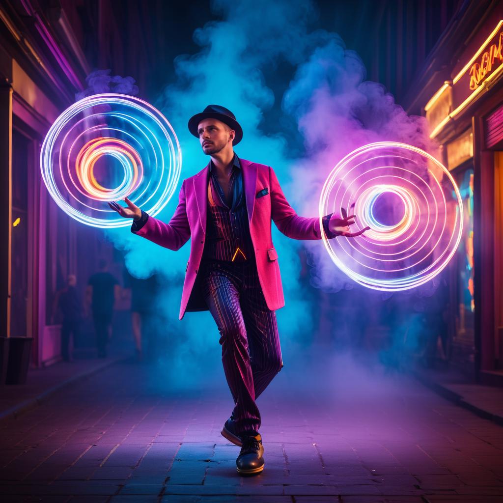 Cinematic Street Performer Juggling in Lights