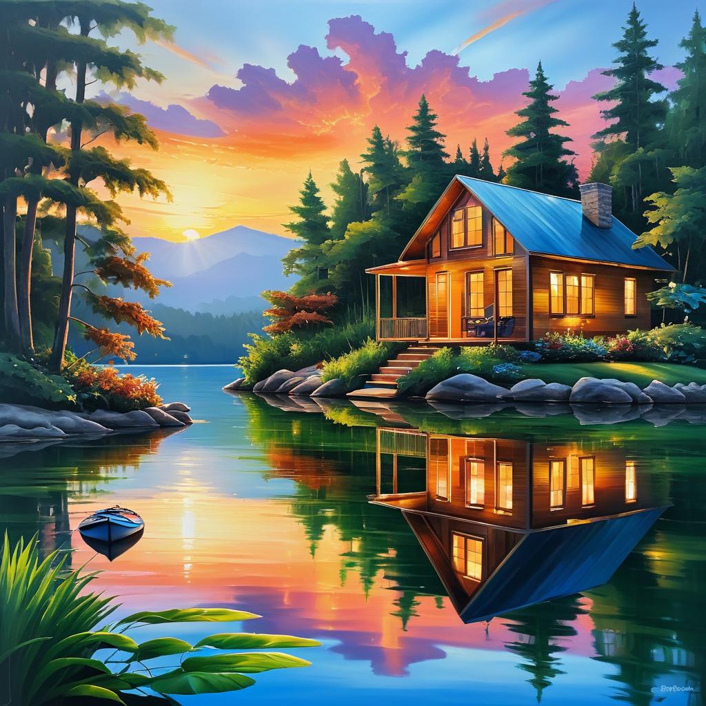 Serene Lakeside Cabin in Oil Painting