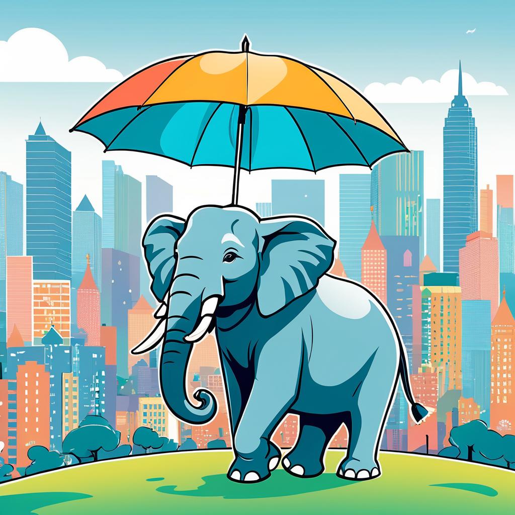 Elephant with Umbrella in City Scene