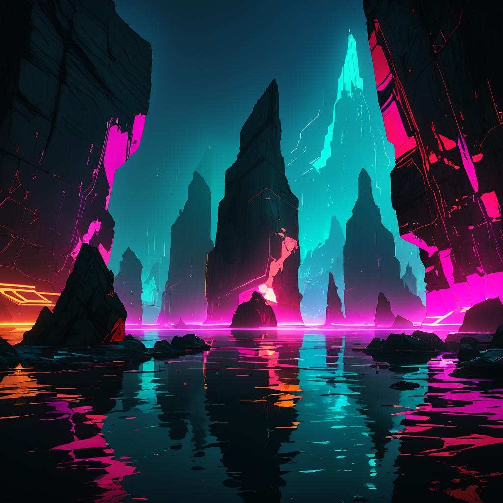 Neon Illuminated Misty Sea Stacks