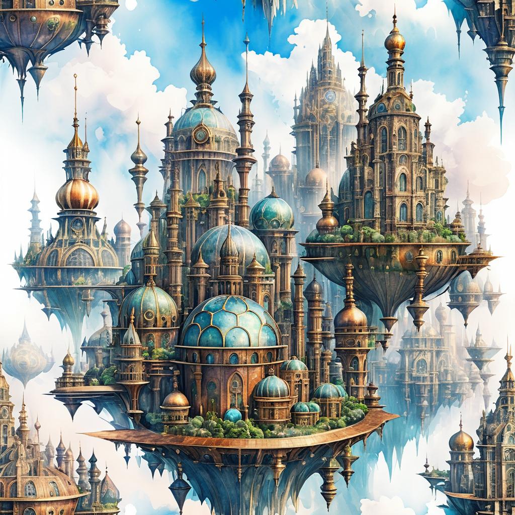 Majestic Steampunk Floating City in Watercolor