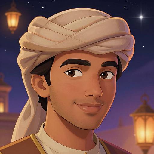 Digital portrait of a young Middle Eastern man with light brown skin, dark eyes, and a white turban, smiling at night under glowing lanterns.