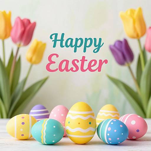 Photograph of colorful Easter eggs with stripes and polka dots, surrounded by blurred tulips, with 