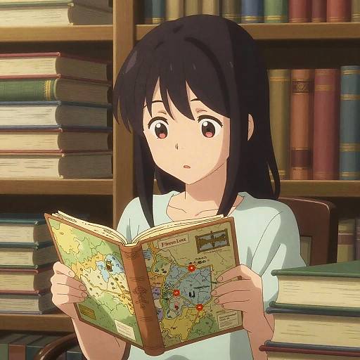Anime Girl with Secret Map in Library