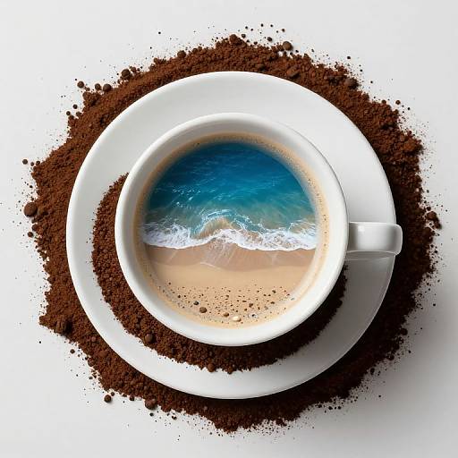 Top-down photo of a white cup with a beach and ocean reflection, placed on a mound of dark brown coffee grounds.