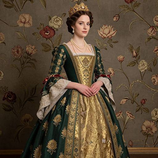 Photograph of a fair-skinned woman with dark brown hair in an ornate, gold and green Renaissance-style gown and gold crown, standing against a