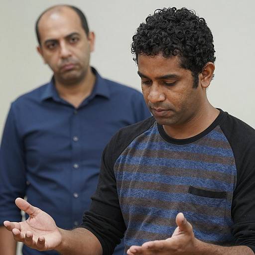 Two Men Indoors with Focused and Neutral Expressions