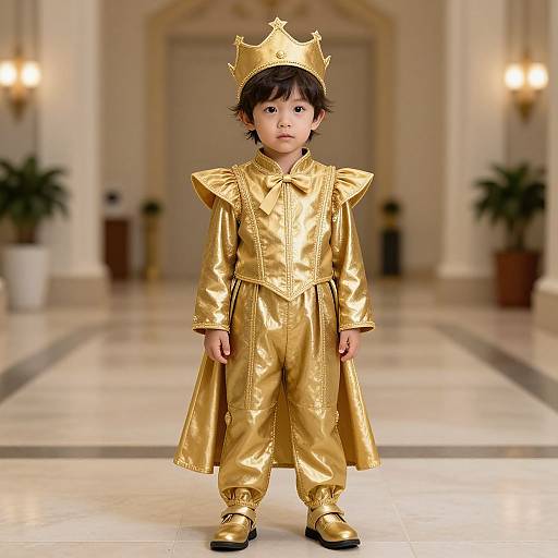 Photograph of an Asian boy in a shiny gold king costume with a crown, standing in a grand, marble-floored hallway.