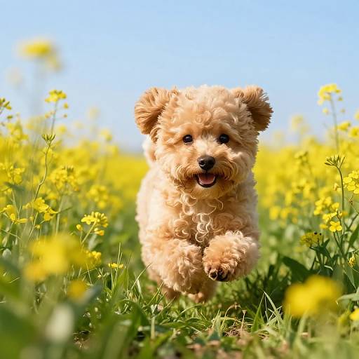 Cute, fluffy, light-brown puppy running through a bright yellow wildflower field under a clear blue sky, smiling with open mouth. Photograph.