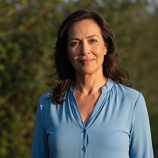 Photograph of a middle-aged woman with fair skin, dark shoulder-length hair, wearing a light blue button-up shirt, smiling softly against a blurred green