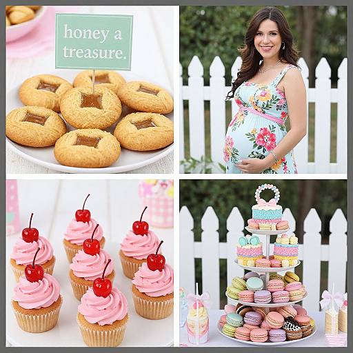 Photograph collage: Pregnant woman in floral dress beside white picket fence, honey treats, pink swirled cupcakes with cherries, and past