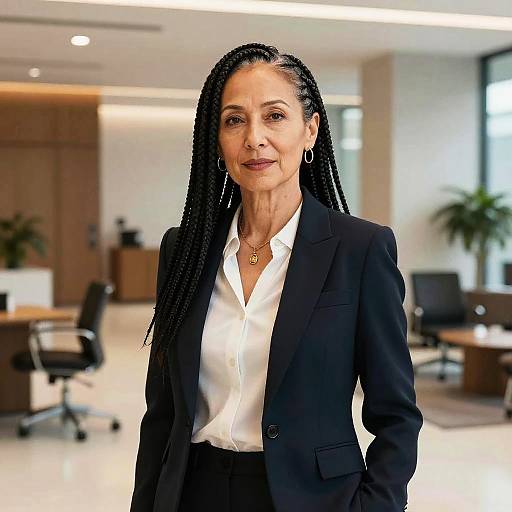 Photograph of a confident middle-aged woman with long braids, wearing a black blazer and white blouse, standing in a modern office with bright lighting
