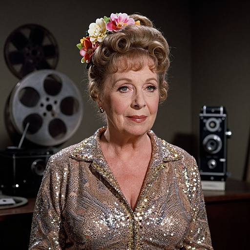 Photograph of a smiling elderly woman with curled blonde hair, adorned with a flower headpiece, wearing a sparkling sequin blouse, standing in a dim