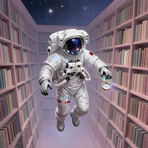 Digital art: Astronaut in white spacesuit with reflective helmet floats between starry sky and book-filled aisles, holding a glowing orb.