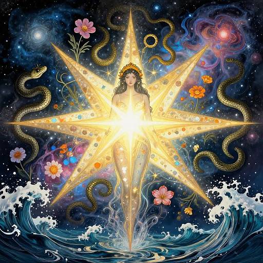 Digital art of a glowing, ethereal woman with dark hair, surrounded by a radiant starburst, floating in cosmic waves, with colorful flowers and snakes
