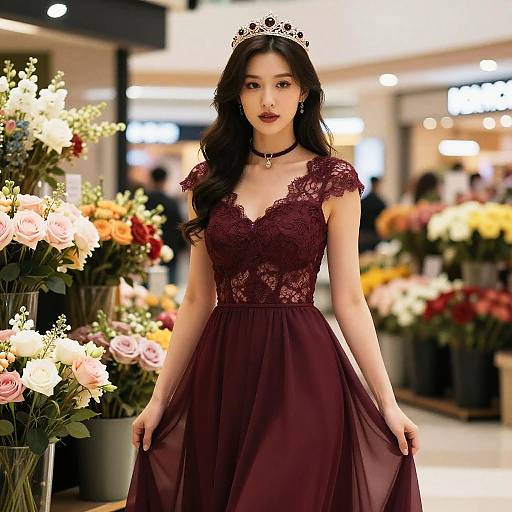 Romantic Woman in Burgundy Dress