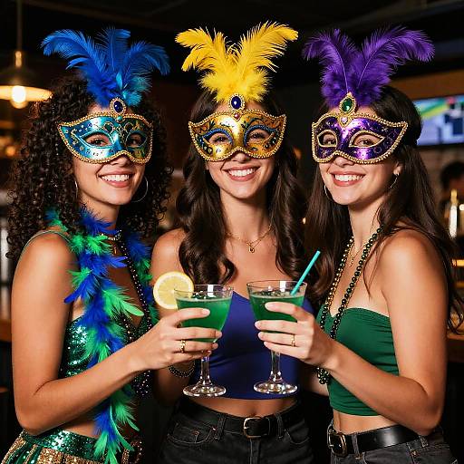 Photograph of three smiling women with colorful Mardi Gras masks, feathered headpieces, and festive outfits, holding drinks in a dimly lit