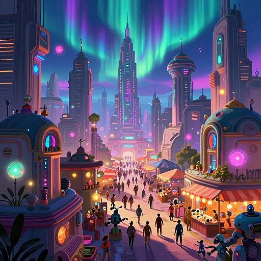 Futuristic Neon Cityscape with Bazaar