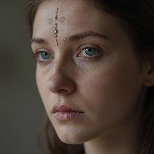 Photograph of a young woman with fair skin, blue eyes, and dark brown hair, featuring a small, intricate facial marking above her forehead against a