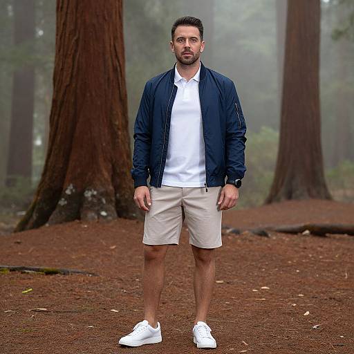 Photograph of a bearded man with short dark hair, wearing a navy jacket, white polo, beige shorts, and white sneakers, standing in a