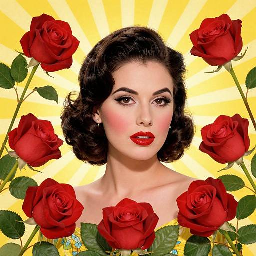 Digital art of a fair-skinned, dark-haired woman with red lipstick, surrounded by vibrant red roses against a radiant yellow background.