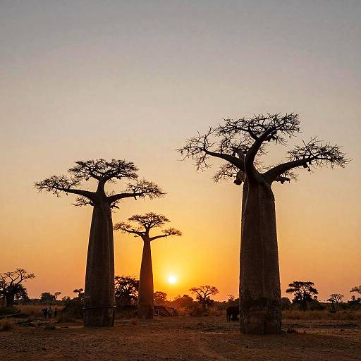 Photograph of a sunset in an African savanna, featuring silhouettes of tall, leafless baobab trees against an orange and purple sky