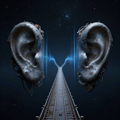 Digital art: futuristic, symmetrical, metallic ear sculptures with glowing blue lines, set against a starry night sky, centered on a long, narrow