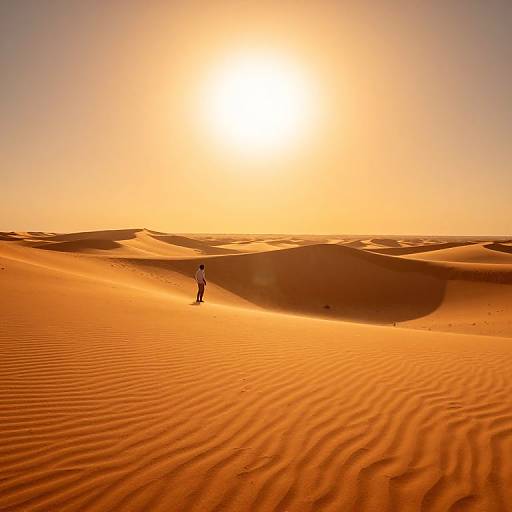Photograph of a solitary person standing in a vast, sunlit desert with rippled orange sand dunes under a bright, glowing sun.