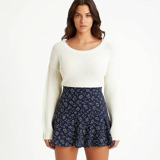 Photograph of a woman with wavy dark hair, wearing a white long-sleeve knit top and a navy blue, speckled skirt,